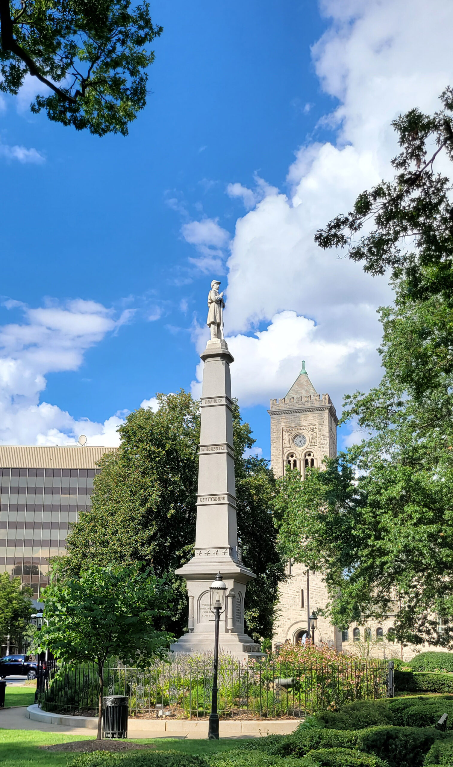 A Civil War Monument in the Morristown NJ Green. Statue of Union soldier on top of a column.