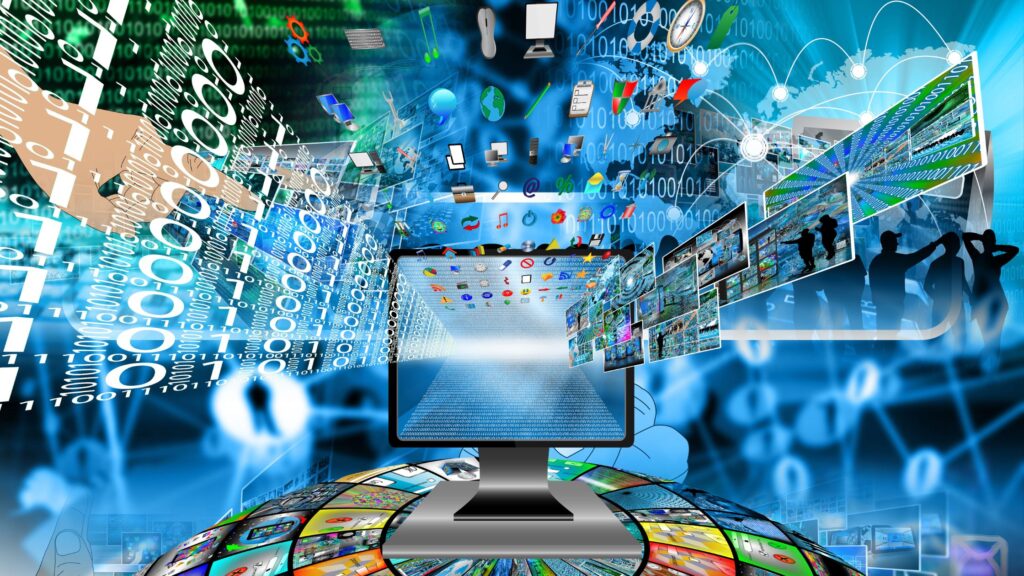 Picture of a computer with the internet visuals coming out of it in a graphical way.