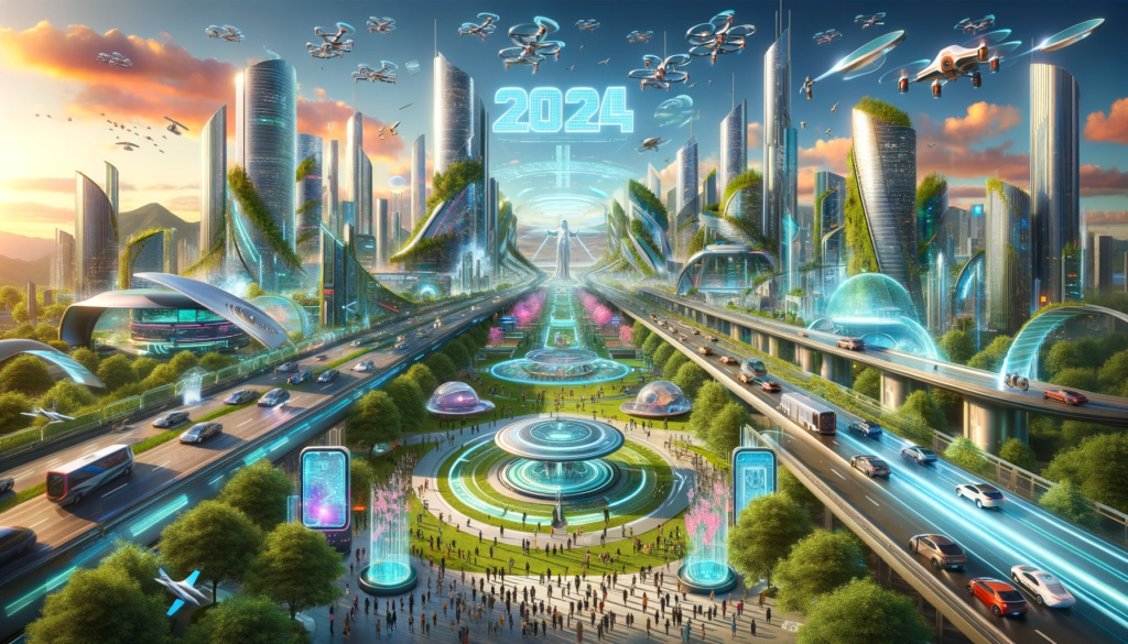DALL·E 2023-12-31 10.36.32 - A futuristic digital artwork representing the year 2024. The image features a sleek, modern cityscape with towering skyscrapers, abundant greenery