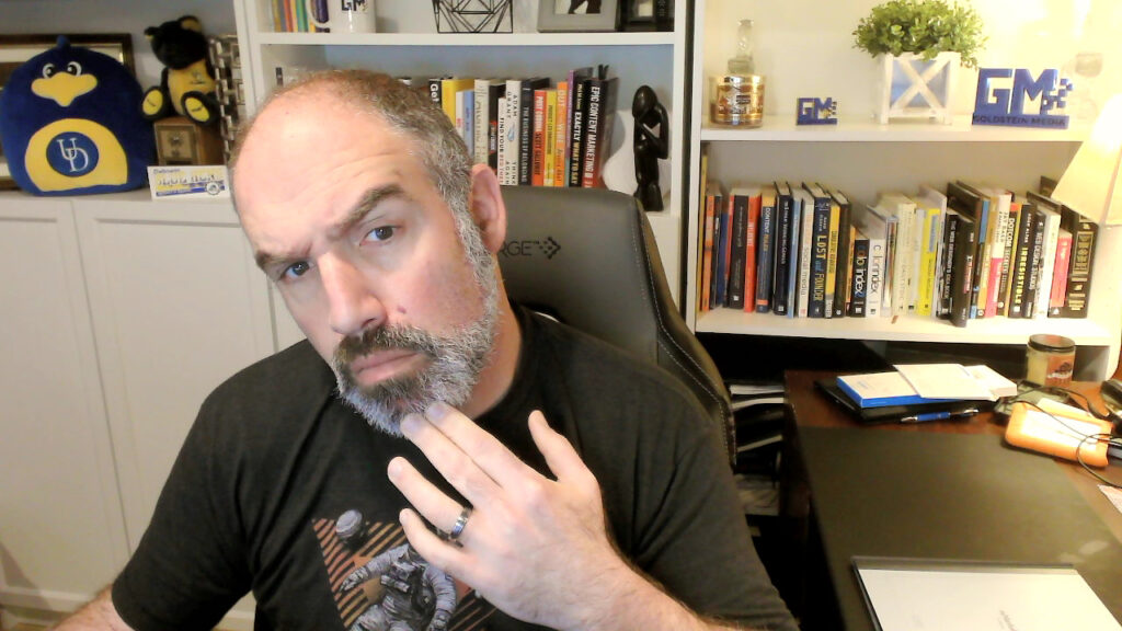 Seth looking at the computer pondering