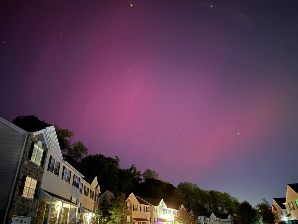 The aurora borealis outside my front door in Doylestown, PA just north of Philadelphia. Fuchsia colored