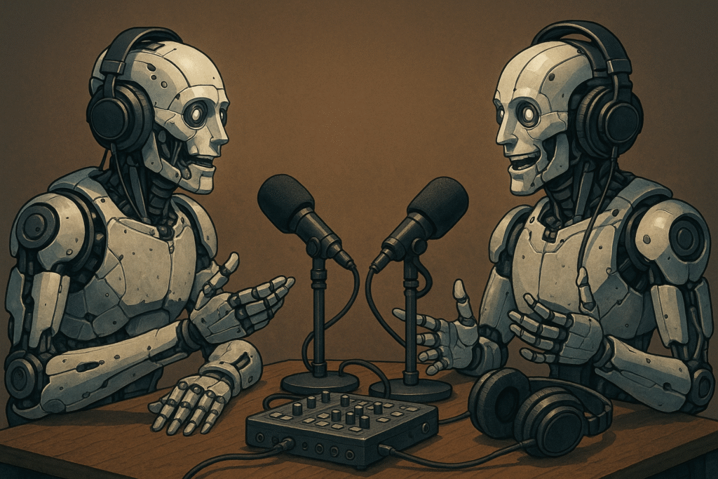 AI Image of Two robots sitting at a podcast table with microphones, headphones, and podcast equipment, engaging in a lively conversation