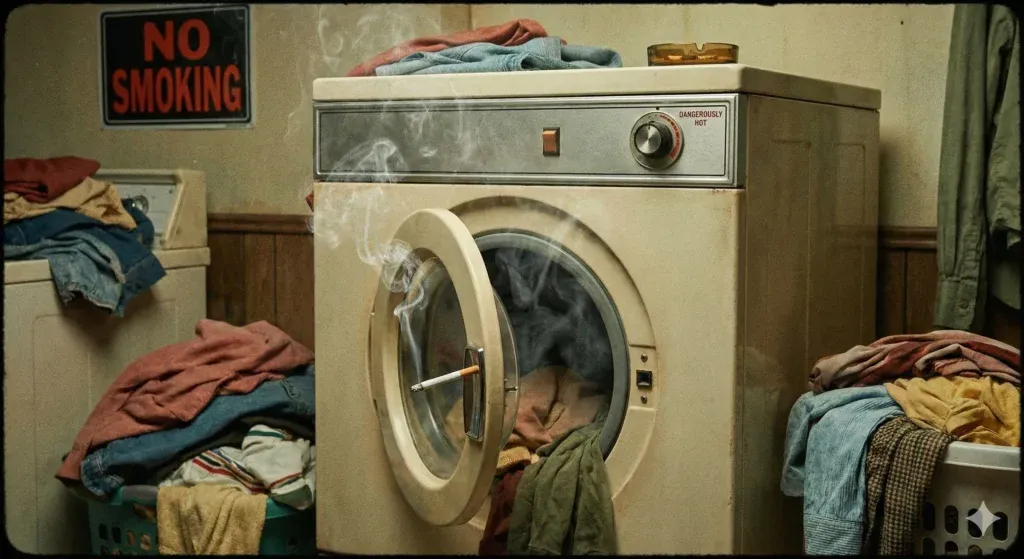 AI generated picture of a dryer smoking a cigarette with laundry all around it.