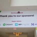 Banner at WordCamp US 2023 thanking sponsors including Bluehost, Jetpack, WP Engine, Hostinger, with categories Super Admin, Editor, Admin.