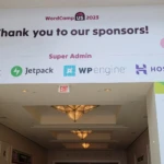 Banner displaying WordCamp US 2023 sponsors, including Bluehost, Jetpack, WP Engine, and Hostinger.